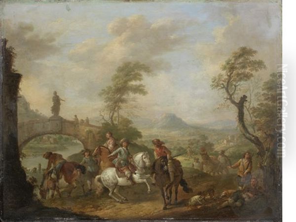 Figures On Horseback By A River, An Open Landscape Beyond - view 1