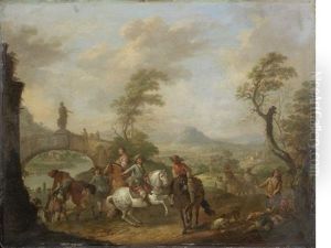 Figures On Horseback By A River, An Open Landscape Beyond Figures On Horseback By A River, An Open Landscape Beyond