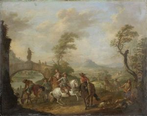 Figures On Horseback By A River, An Open Landscape Beyond Figures On Horseback By A River, An Open Landscape Beyond