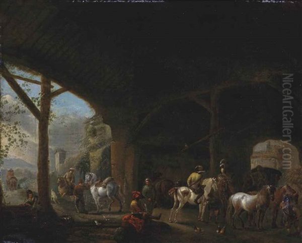 A Hawking Party In A Barn Interior - view 1