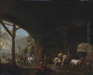 A Hawking Party In A Barn Interior