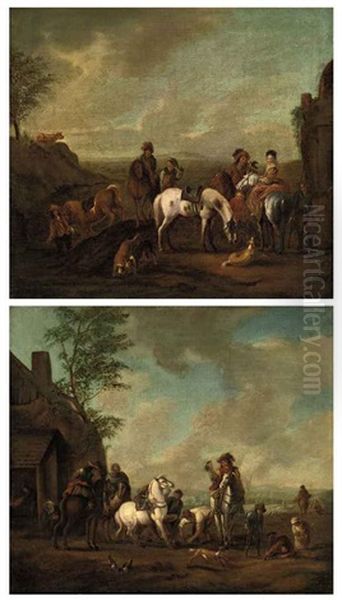 A Hunting Party Stopping At A Blacksmith's (+ A Hunting Party Stopping At A Stream; Pair) - view 1