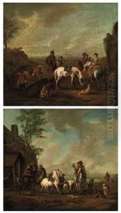 A Hunting Party Stopping At A Blacksmith's (+ A Hunting Party Stopping At A Stream; Pair) by Carel van Falens or Valens