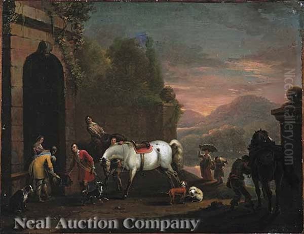 A Courtly Couple Receiving A Noble Visitor At A Castle In The Mountains - view 1