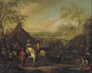 An Elegant Company On Horseback By A Camp In A Wooded Landscape by Carel van Falens or Valens