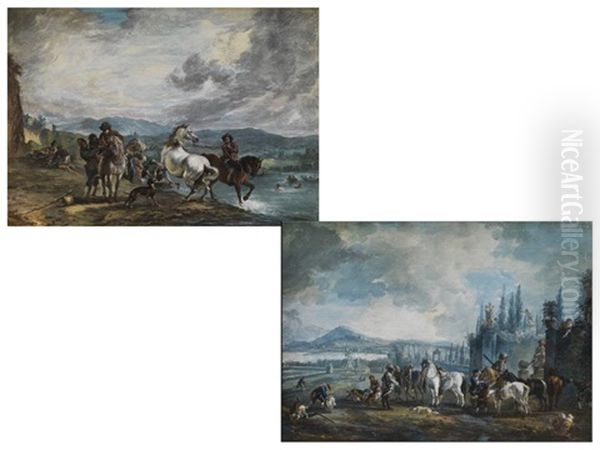 Reiter Mit Pferden An Einem Flussufer Bei Der Pferdeschwemme (+ Landschaft Mit Figurendarstellung; Pair) - view 1