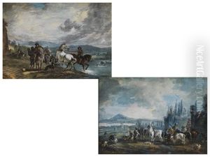 Reiter Mit Pferden An Einem Flussufer Bei Der Pferdeschwemme (+ Landschaft Mit Figurendarstellung; Pair) by Carel van Falens or Valens