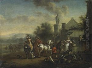 Hofische Jagdgesellschaft, An Einem Brunnen Rastend by Carel van Falens or Valens
