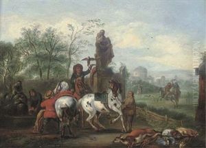 A Hawking Party At Halt By A Statue by Carel van Falens or Valens