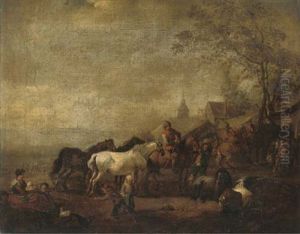 An Encampment With Officers On Horseback by Carel van Falens or Valens