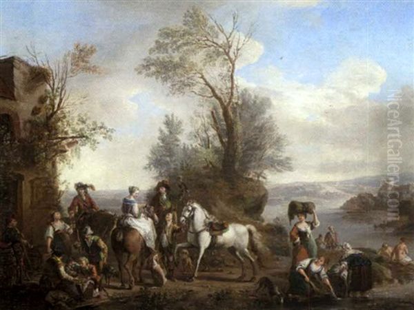 Paysage Fluvial Avec Lavandieres Et Chasseurs Faisant Une Halte - view 1