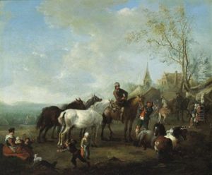 Rastende Reiter In Einer Landschaft Vor Einem Dorf by Carel van Falens or Valens
