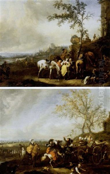 Le Depart Pour La Chasse (+ Dispute Entre Des Cavaliers Elegants Et Des Paysans Se Rendant Au Marche; Pair) - view 1