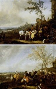 Le Depart Pour La Chasse (+ Dispute Entre Des Cavaliers Elegants Et Des Paysans Se Rendant Au Marche; Pair) by Carel van Falens or Valens