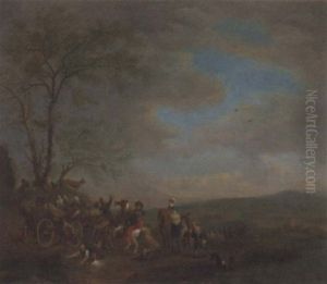 A Hawking Party Disputing With Travellers by Carel van Falens or Valens
