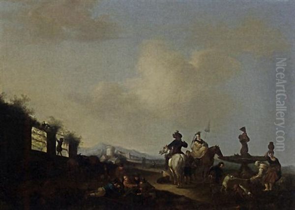 A Landscape With Horsemen, Figures And Dogs Gathered Around A Fountain, A Village In The Distance - view 1
