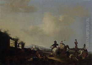 A Landscape With Horsemen, Figures And Dogs Gathered Around A Fountain, A Village In The Distance by Carel van Falens or Valens