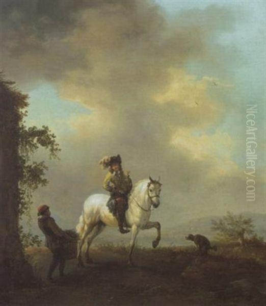 Fauconnier A Cheval En Conversation Avec Un Ramasseur De Petit Bois - view 1