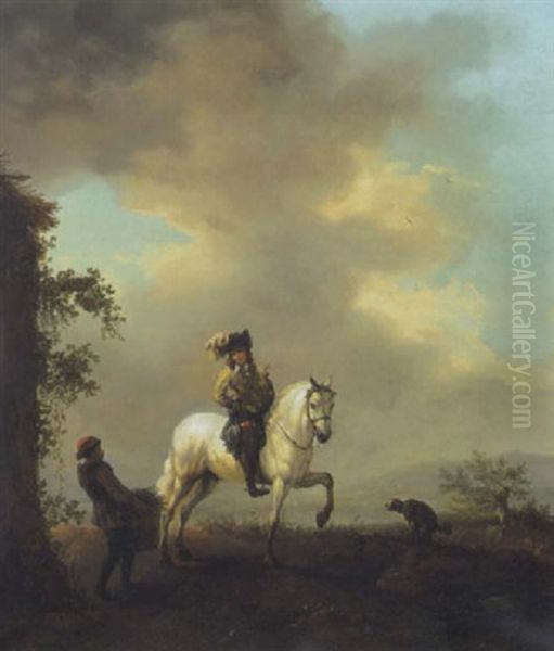 Falkner Zu Pferd Im Gesprach Mit Einem Reisigsammler - view 1