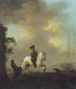 Falkner Zu Pferd Im Gesprach Mit Einem Reisigsammler by Carel van Falens or Valens