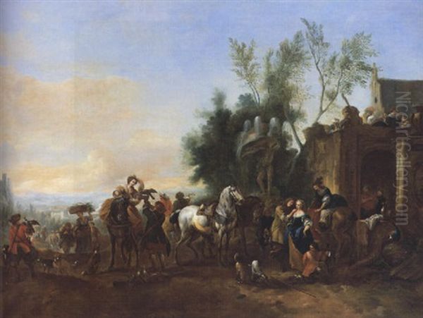 Elegante Jagdgesellschaft Vor Einem Schlos - view 1