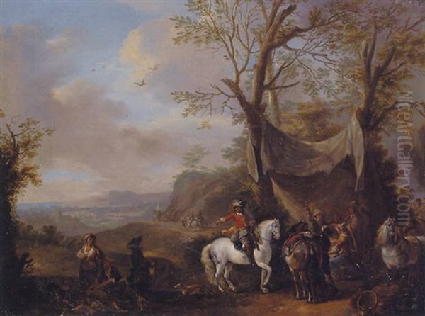 An Extensive Landscape With A Hunting Party Taking Refreshment Under An Awning - view 1