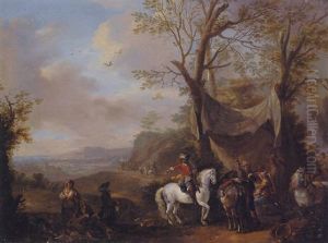 An Extensive Landscape With A Hunting Party Taking Refreshment Under An Awning An Extensive Landscape With A Hunting Party Taking Refreshment Under An Awning
