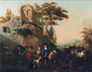 Rastende Jagdgesellschaft Mit Pferden Und Hunden by Carel van Falens or Valens