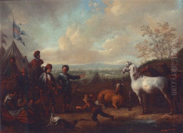 A Military Encampment With Cavalrymen Choosing Horses - view 1