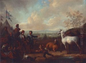 A Military Encampment With Cavalrymen Choosing Horses