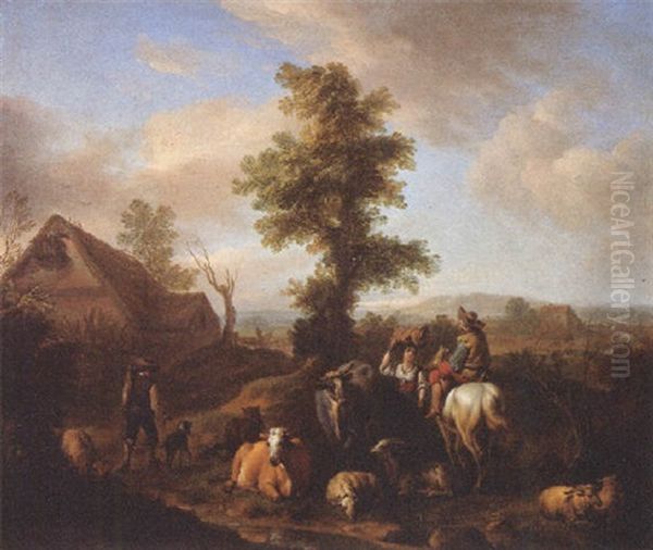A Peasant Woman Meeting A Shepherd On A River Bank In A Summer Landscape - view 1
