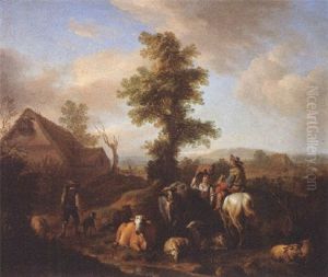 A Peasant Woman Meeting A Shepherd On A River Bank In A Summer Landscape