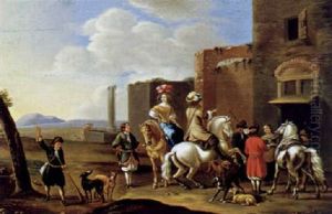 Rastende Reiter Vor Ruinen by Carel van Falens or Valens