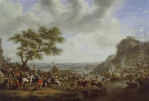 Feldlager An Einem Flus Mit Zelten, Schiffen Und Vielen Soldaten Feldlager An Einem Flus Mit Zelten, Schiffen Und Vielen Soldaten