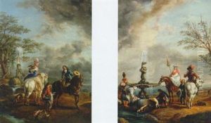 Elegant Couple Halting At Fountain After The Chase by Carel van Falens or Valens
