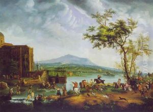 Hirschjagd In Einer Weiten Fluslandschaft Mit Einem Schlos