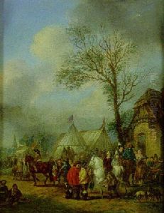 Horsemen And Other Figures Before An Inn by Carel van Falens or Valens