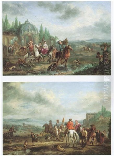 Hawking Partie With Elegant Figures On Horseback In Hilly Landscape - view 1