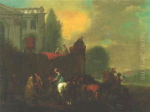 A Hawking Party Returning To A Country Mansion by Carel van Falens or Valens