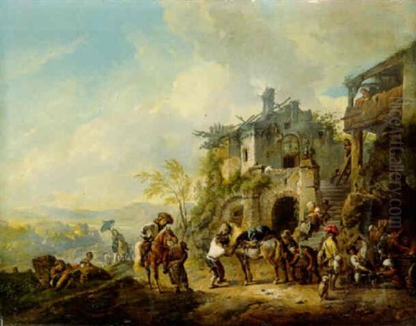 Gentlemen Having Their Mounts Reshoed At A Blacksmith's, By A Homestead Above A Valley - view 1