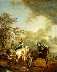 Depart Pour La Chasse Au Faucon Pres D'une Fontaine by Carel van Falens or Valens