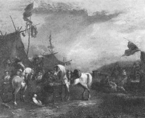 Horsemen Halted Beside A Tent, With Figures Resting by Carel van Falens or Valens