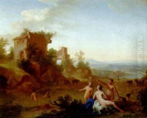 Nymphs Bathing In A Pool Near Ruins by Carel van Falens or Valens