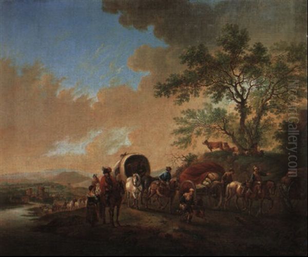 A Trail Of Wagons And Carts On A Riverside Path With A Woman And Child - view 1