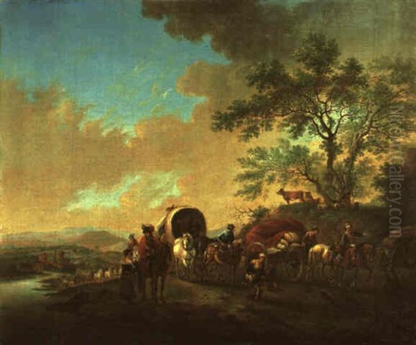 Trail Of Wagons And Carts On A Riverside Path - view 1
