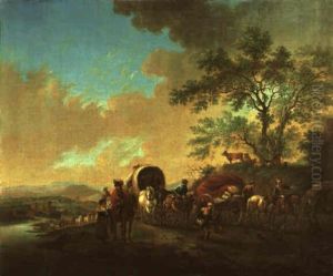 Trail Of Wagons And Carts On A Riverside Path