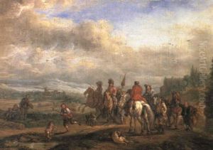 A Hawking Party A Hunting Party At Rest by Carel van Falens or Valens