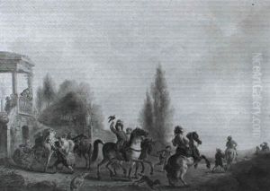 A Hawking Party Departing From A Villa by Carel van Falens or Valens