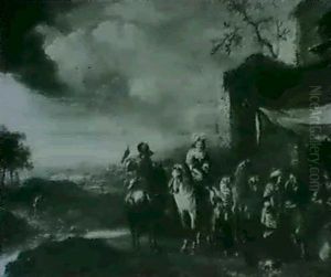 A Hawking Party Halted By An Inn by Carel van Falens or Valens