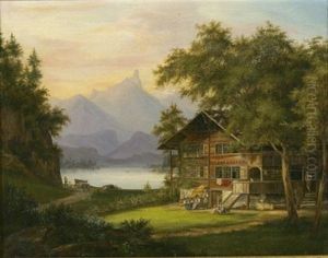 Schweizer Gebirgslandschaft Mit See Und Chalet